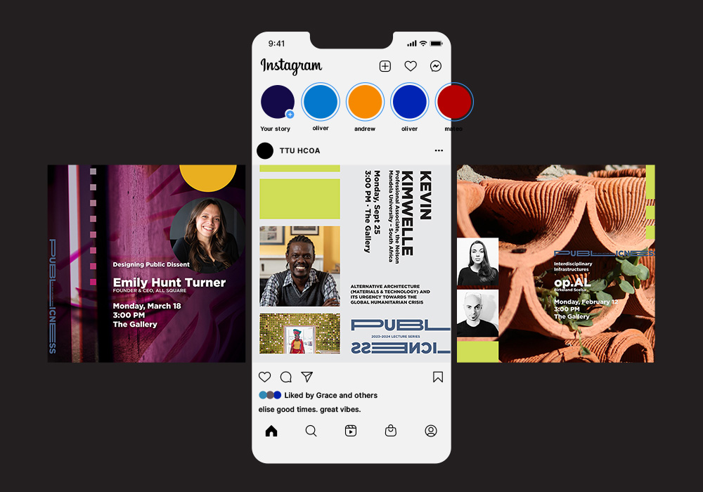 An Instgram post with three different social media designs for Publicness lectures. Featured talks are Emily Hunt Turner, Kevin Kimwelle, and opAL.